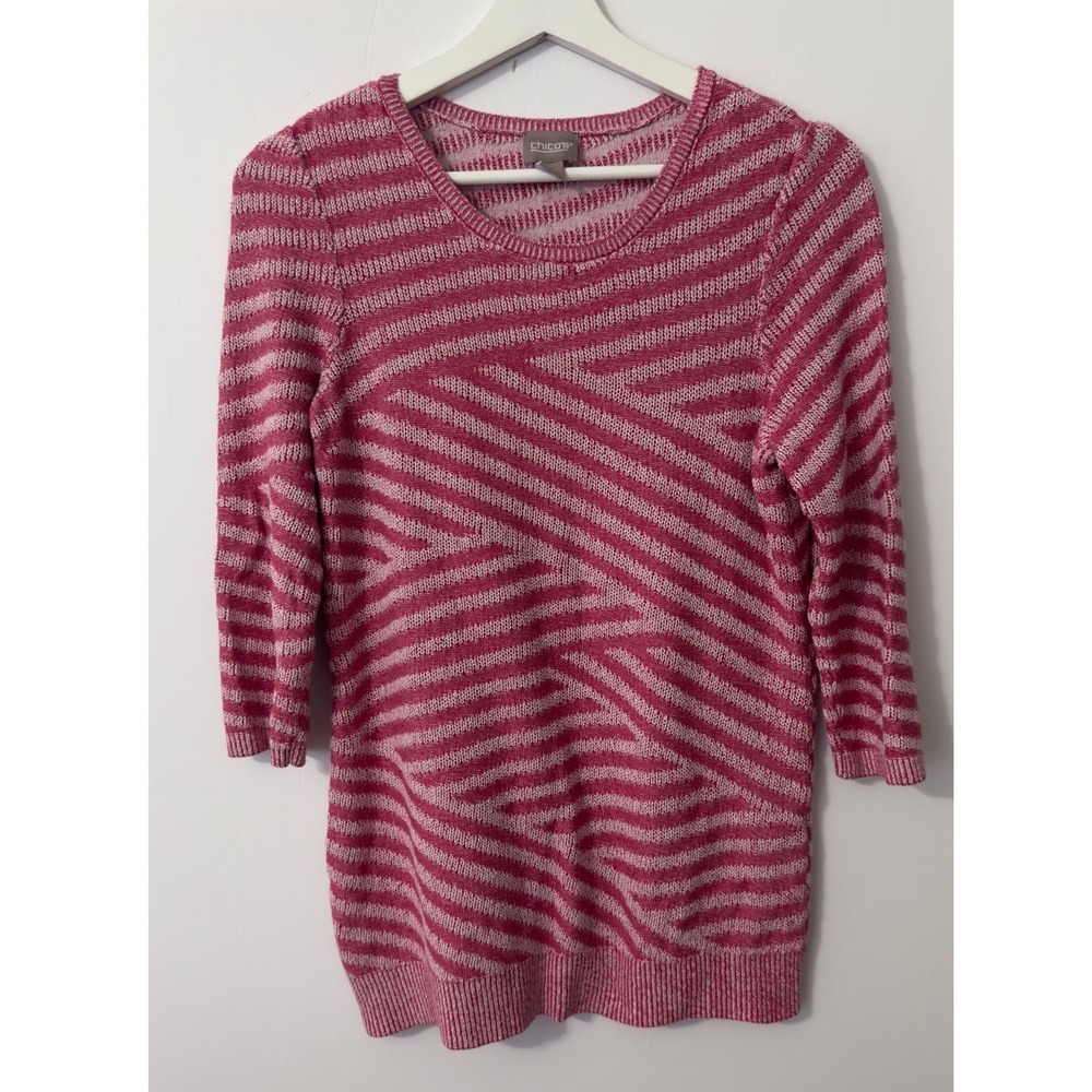 Chico's Knit Top Womens 0 Small Pink White Striped 3/4 Sleeve Scoop Geometric‎